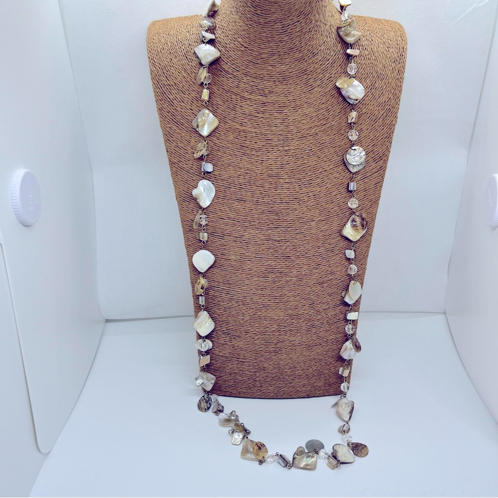 42’ Sea Glass Necklace Faceted Beading Neutral Earth Tone Cream Light Brown